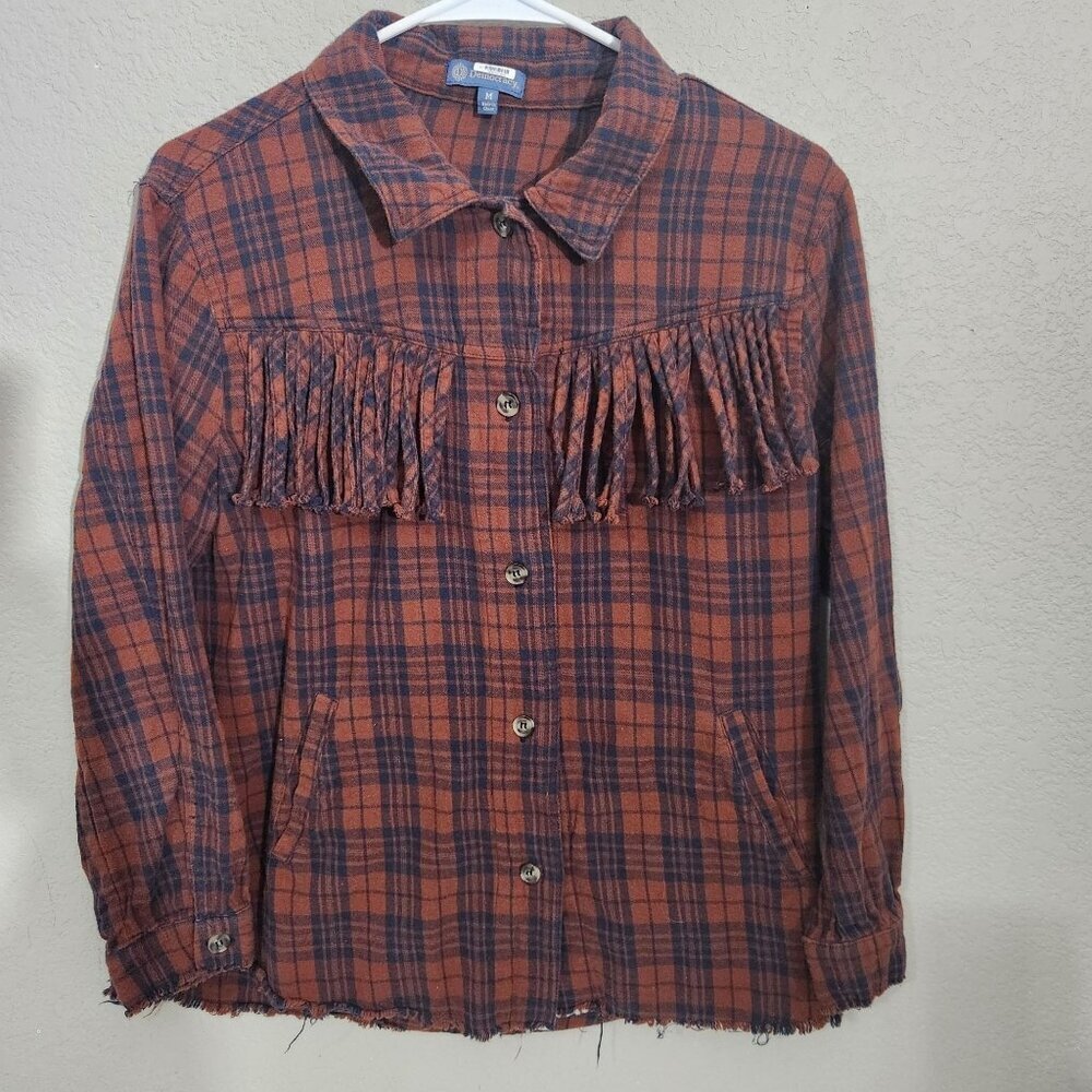 Democracy Shacket Shirt Womens Medium Rustic Plaid Button-Up Fringe Western